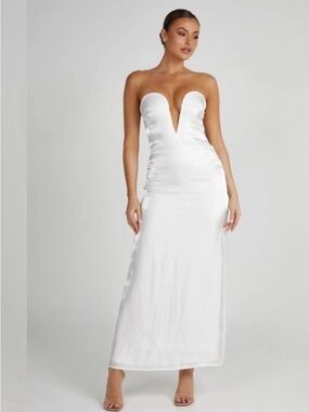 MESHKI Natasha Pointed Strapless White Plunge Satin Maxi Dress- Bridal Dress